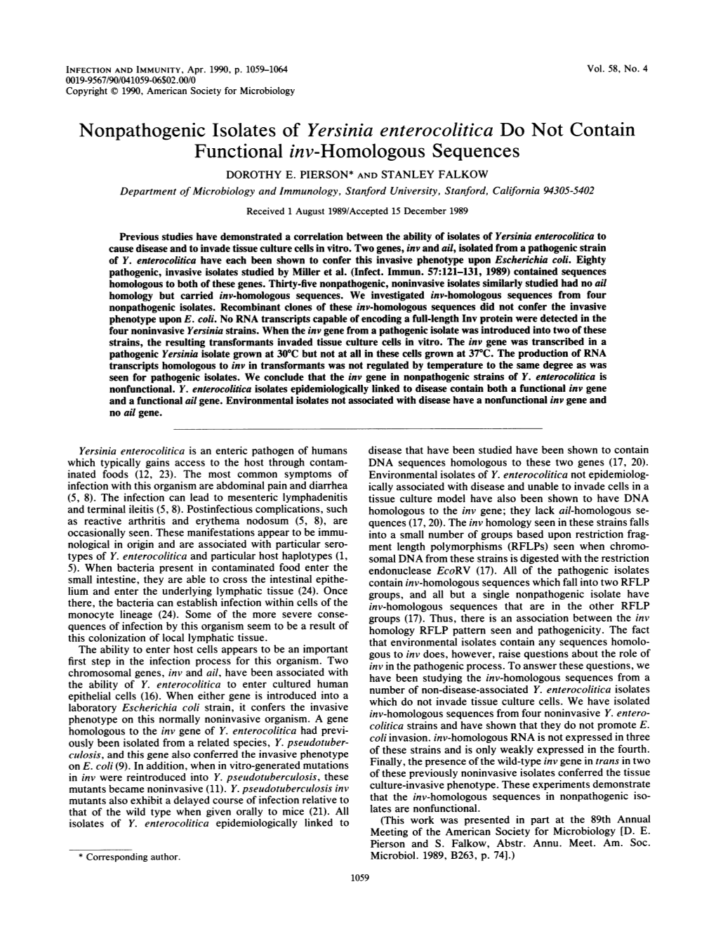 Nonpathogenic Isolates of Yersinia Enterocolitica Do Not Contain Functional Inv-Homologous Sequences DOROTHY E