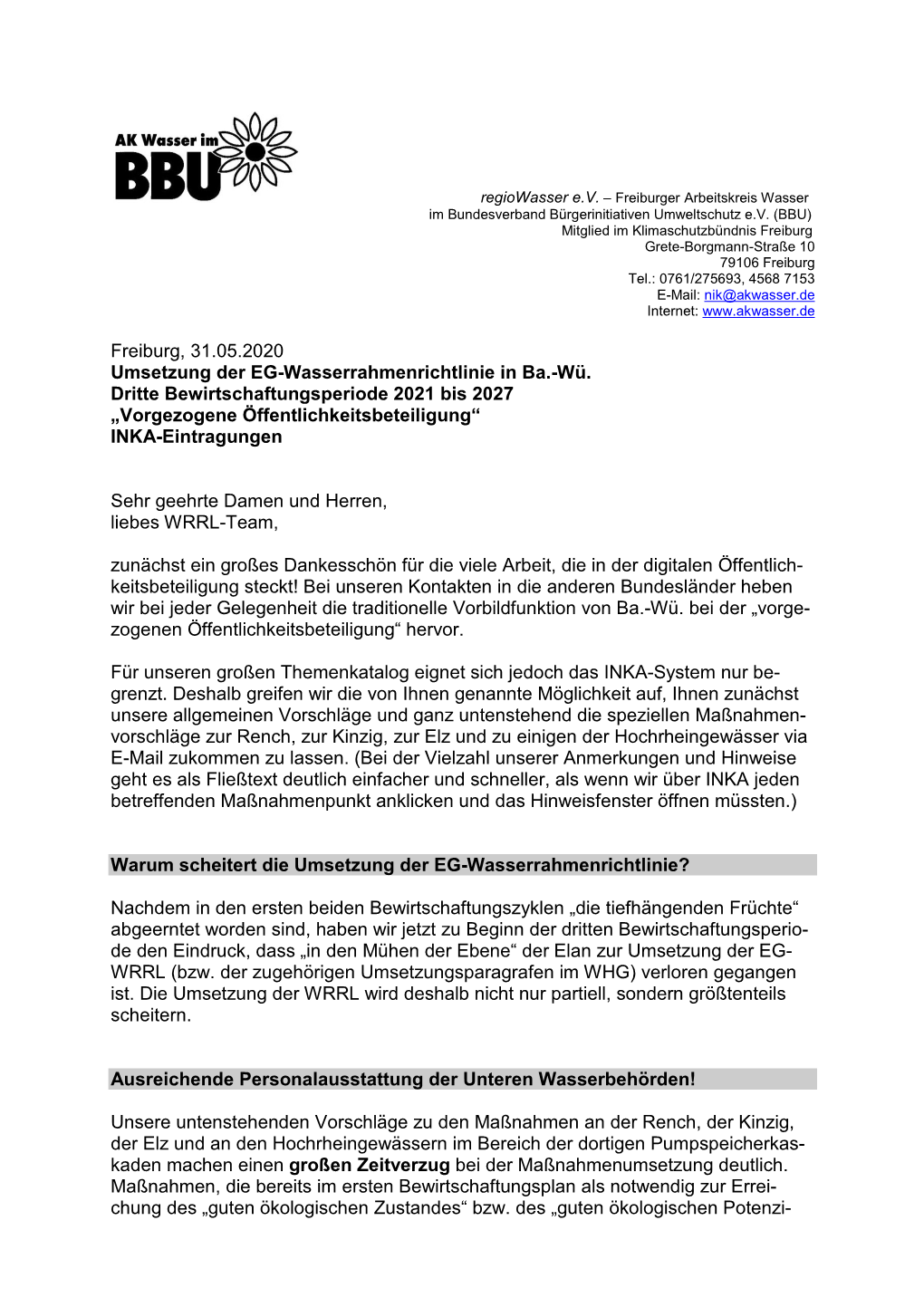Freiburg, 31.05.2020 Umsetzung Der EG-Wasserrahmenrichtlinie in Ba.-Wü. Dritte Bewirtschaftungsperiode 2021 Bis 2027 „Vorgezo