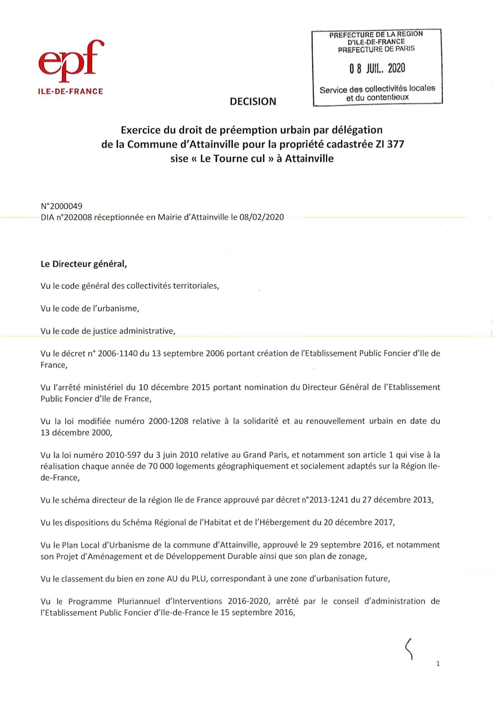0 8 JUIL. 2020 ILE-DE-FRANCE Service Des Collectivités Locales DECISION Et Du Contentieux