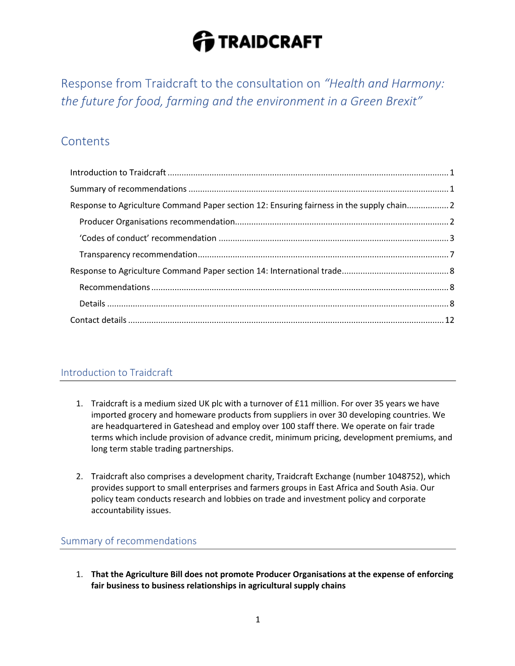 Response from Traidcraft to the Consultation on “Health and Harmony: the Future for Food, Farming and the Environment in a Green Brexit”