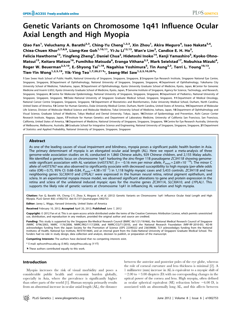 Genetic Variants on Chromosome 1Q41 Influence Ocular Axial Length and High Myopia