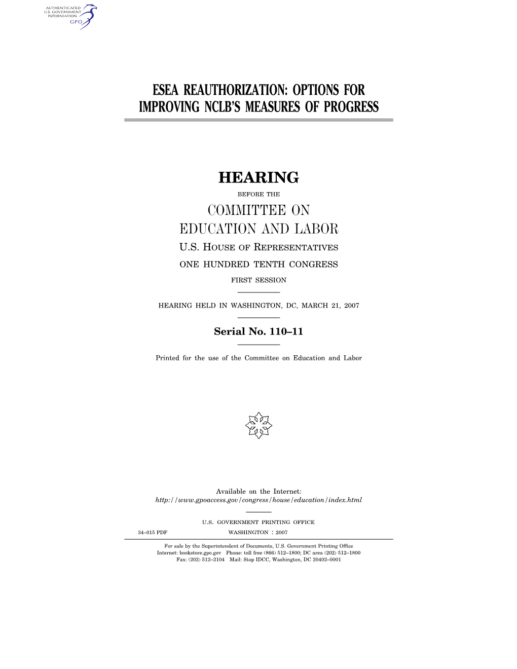 Esea Reauthorization: Options for Improving Nclb’S Measures of Progress