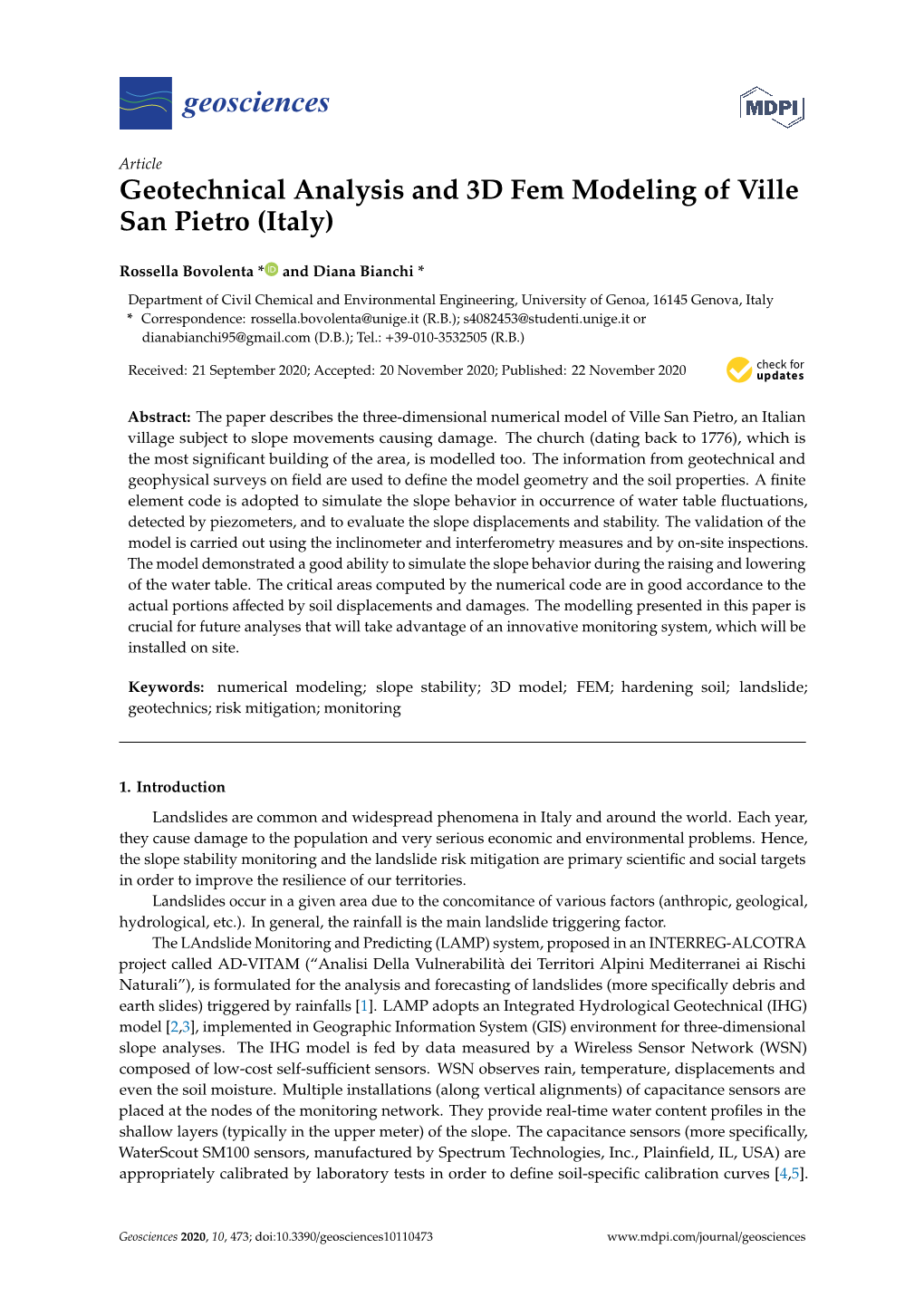 Geotechnical Analysis and 3D Fem Modeling of Ville San Pietro (Italy)