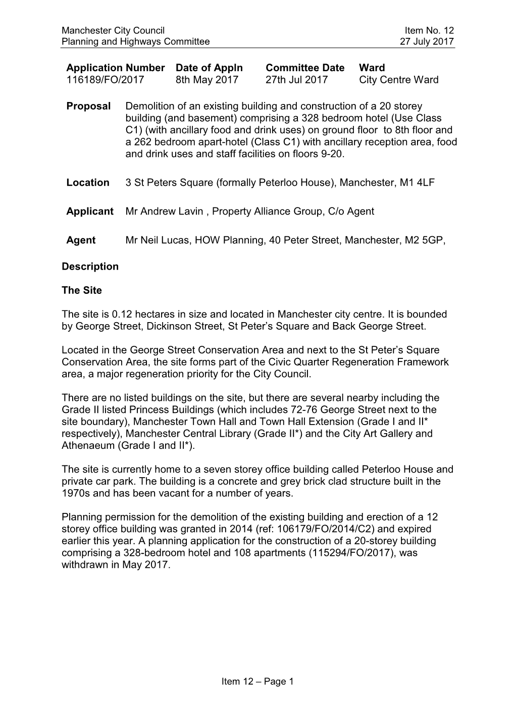 Planning and Highways Committee on 27 July 2017 Item 12. 3 St Peter's