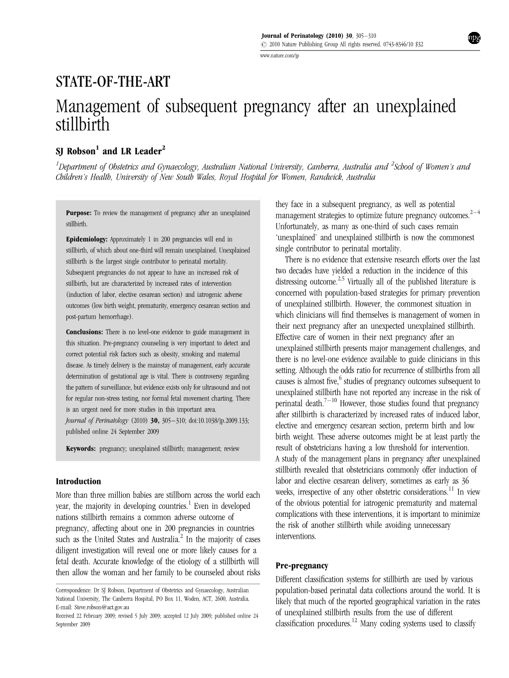 Management of Subsequent Pregnancy After an Unexplained Stillbirth