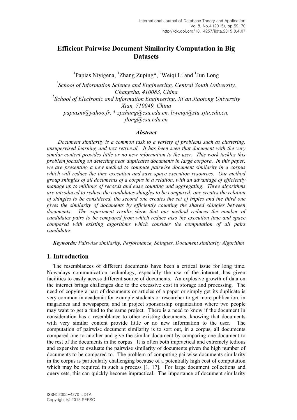 Efficient Pairwise Document Similarity Computation in Big Datasets