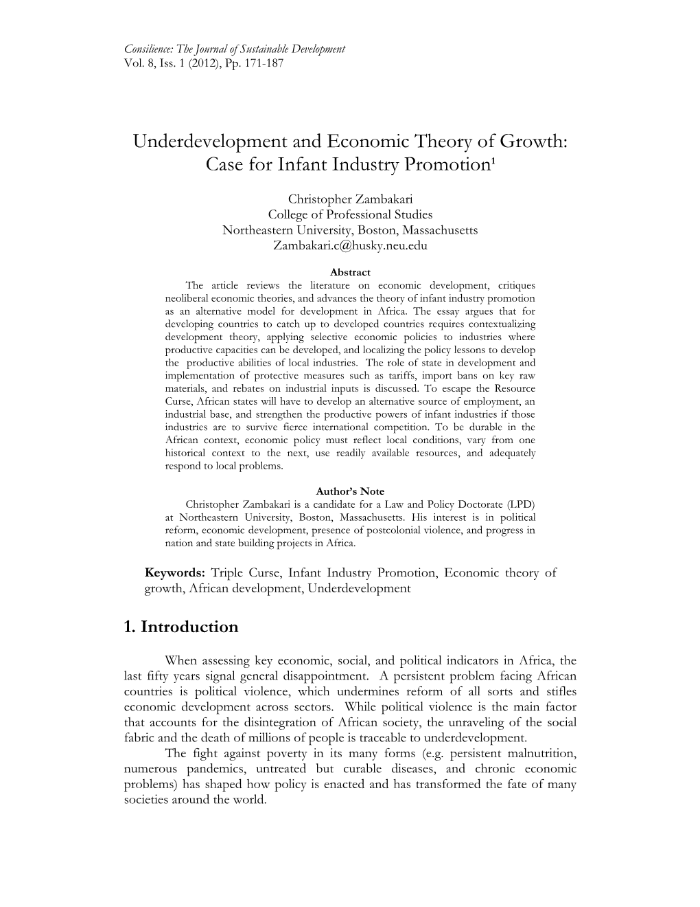 Underdevelopment and Economic Theory of Growth: Case for Infant Industry Promotion1