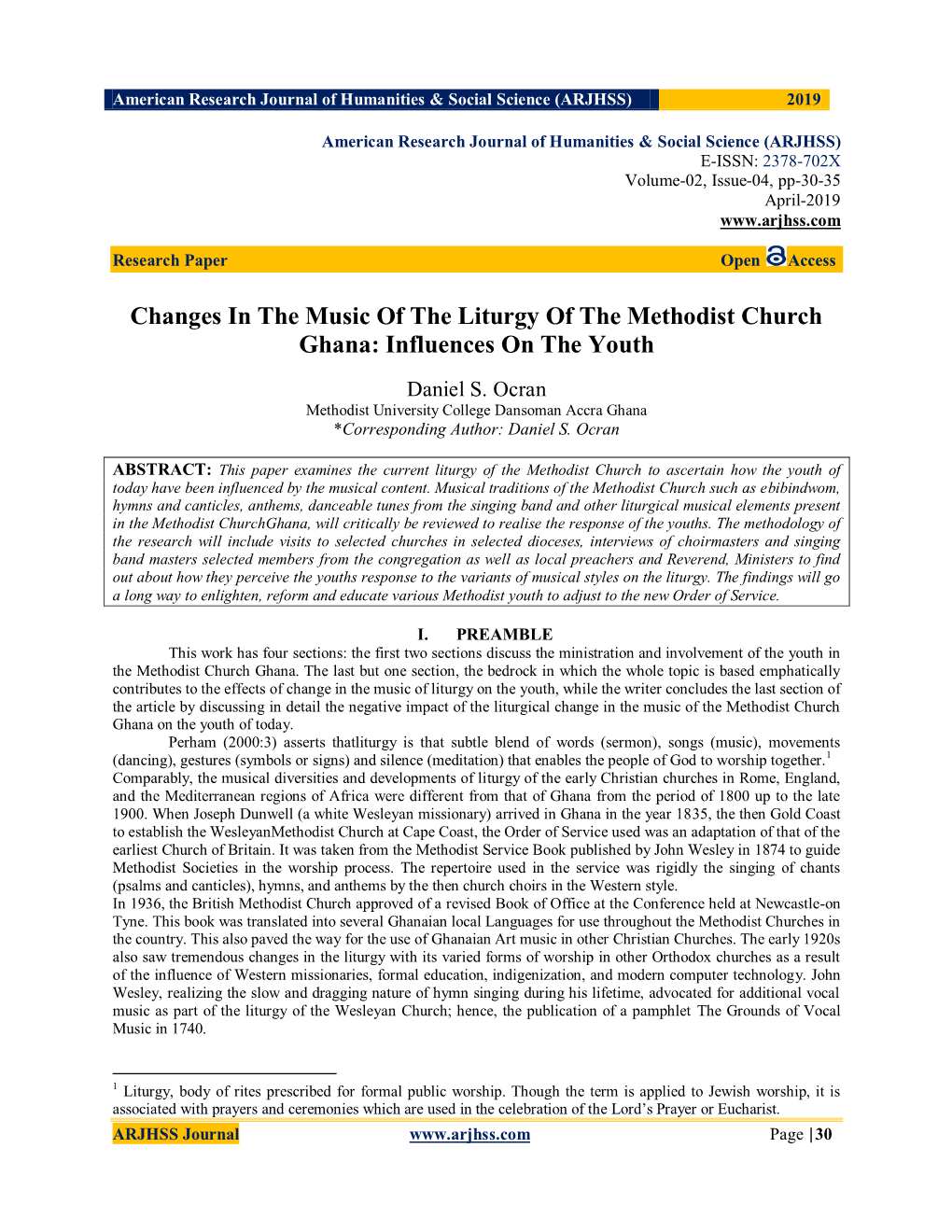 Changes in the Music of the Liturgy of the Methodist Church Ghana: Influences on the Youth