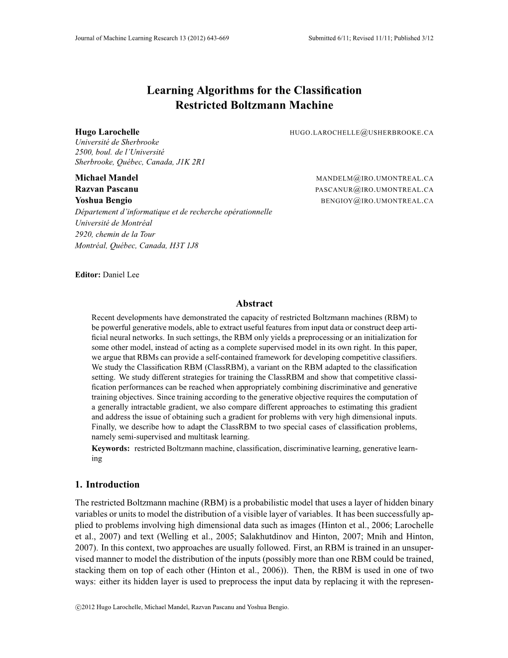 Learning Algorithms for the Classification Restricted Boltzmann