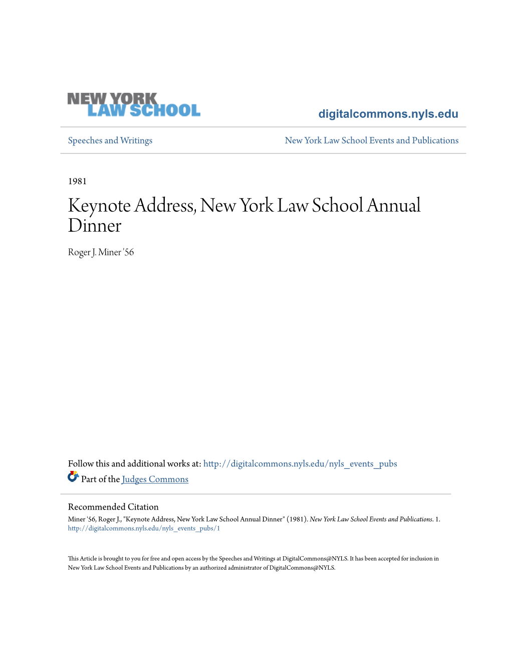 Keynote Address, New York Law School Annual Dinner Roger J