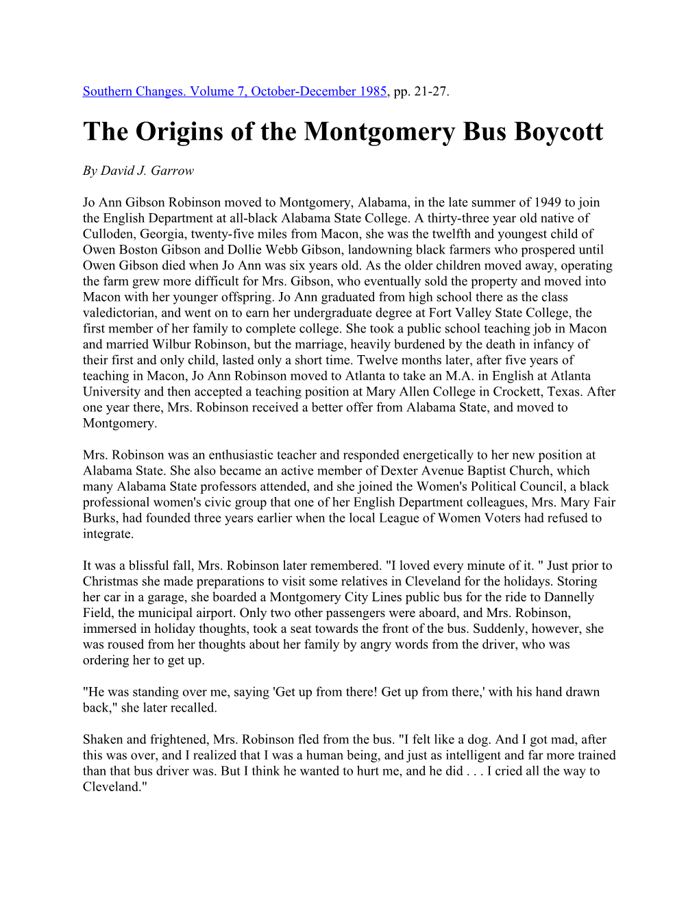 The Origins of the Montgomery Bus Boycott