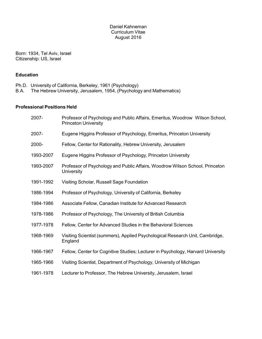 Daniel Kahneman Curriculum Vitae August 2016