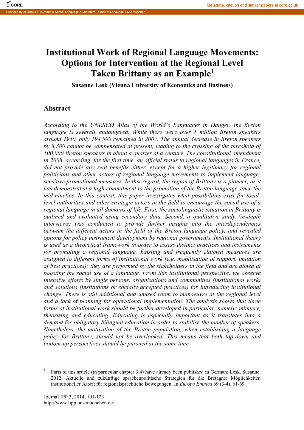 Options for Intervention at the Regional Level Taken Brittany As an Example1 Susanne Lesk (Vienna University of Economics and Business)