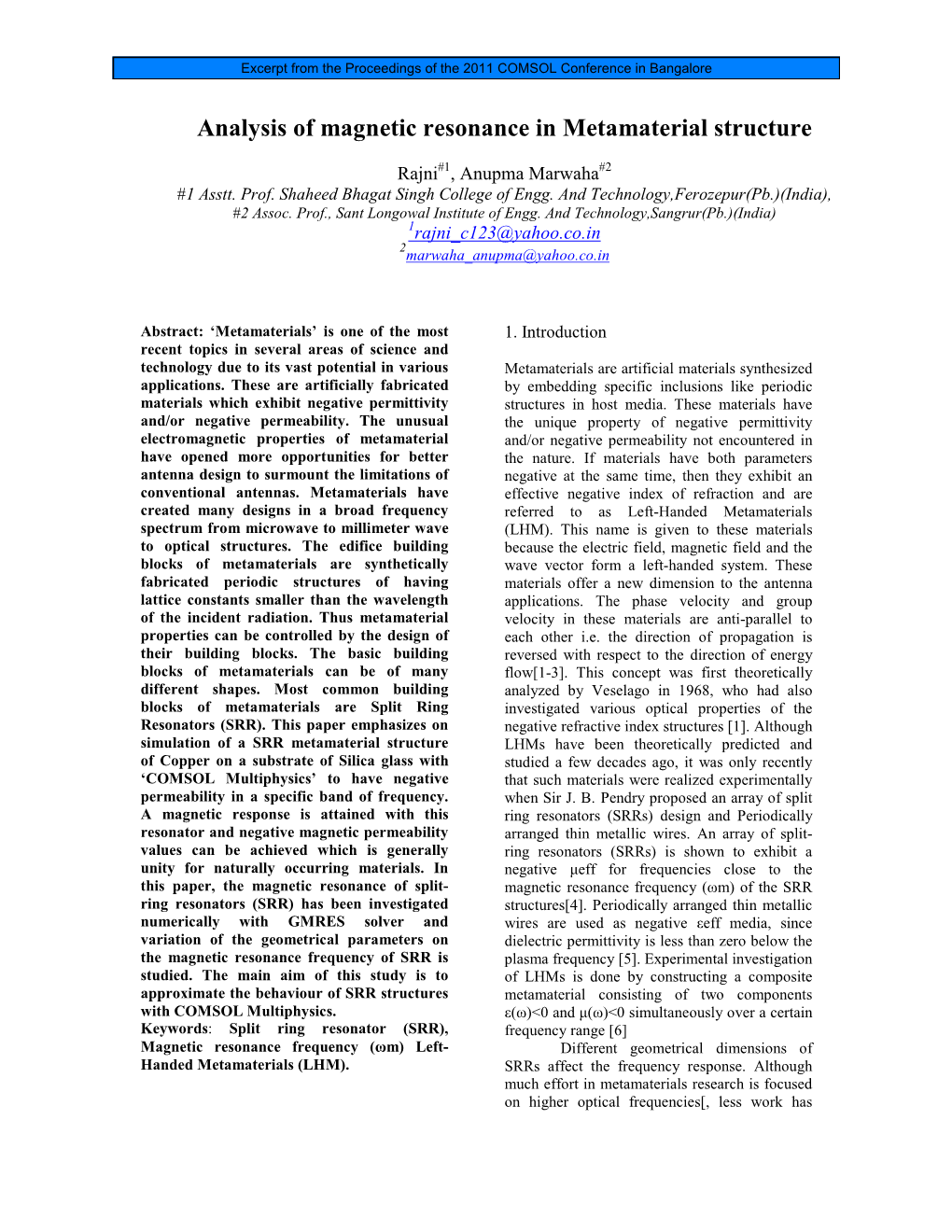 Analysis of Magnetic Resonance in Metamaterial Structure