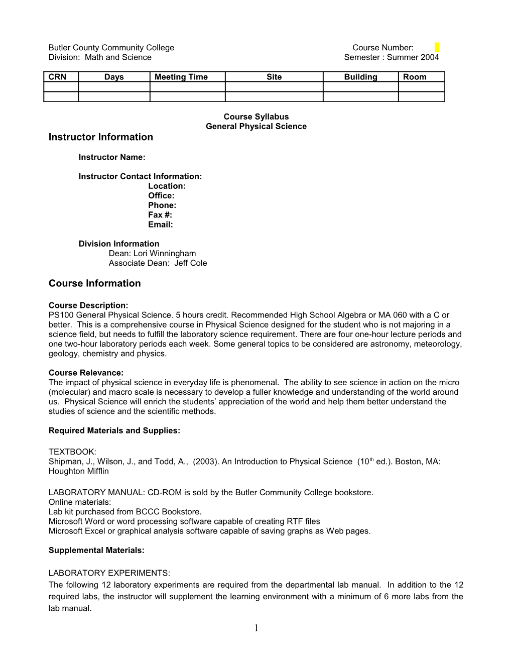 Course Name, Number and CRN