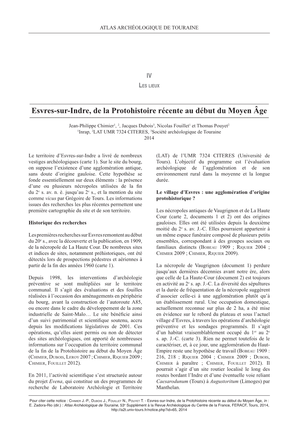 Esvres-Sur-Indre, De La Protohistoire Récente Au Début Du Moyen Âge ______