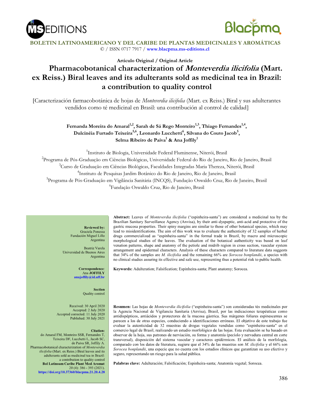 (Mart. Ex Reiss.) Biral Leaves and Its Adulterants Sold As Medicinal Tea in Brazil: a Contribution to Quality Control