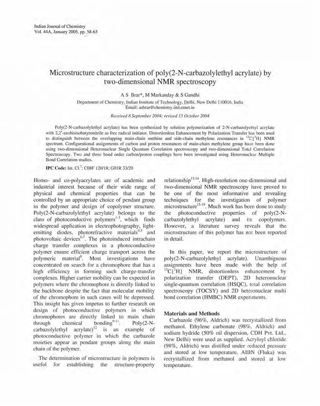 Microstructure Characterization of Poly(2-N-Carbazolylethyl Acrylate) by Two-Dimensional NMR Spectroscopy