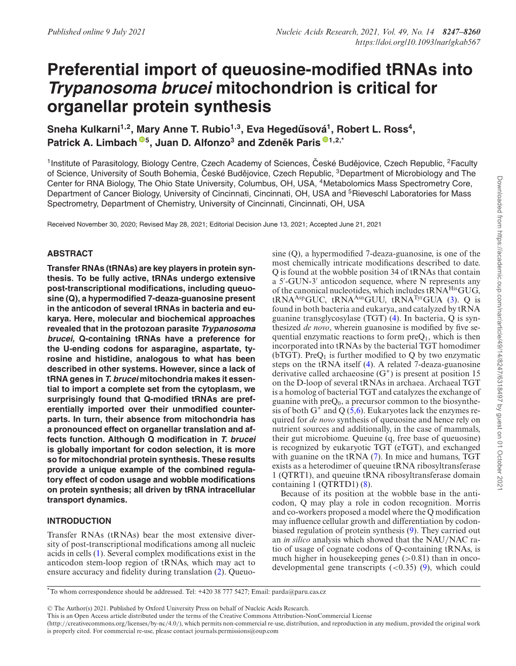 Preferential Import of Queuosine-Modified Trnas Into