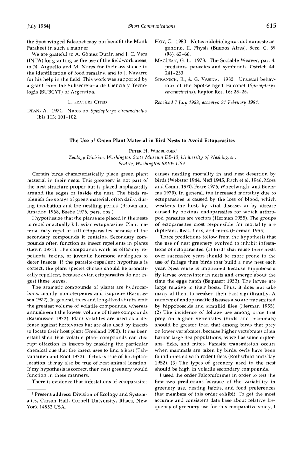 The Use of Green Plant Material in Bird Nests to Avoid Ectoparasites