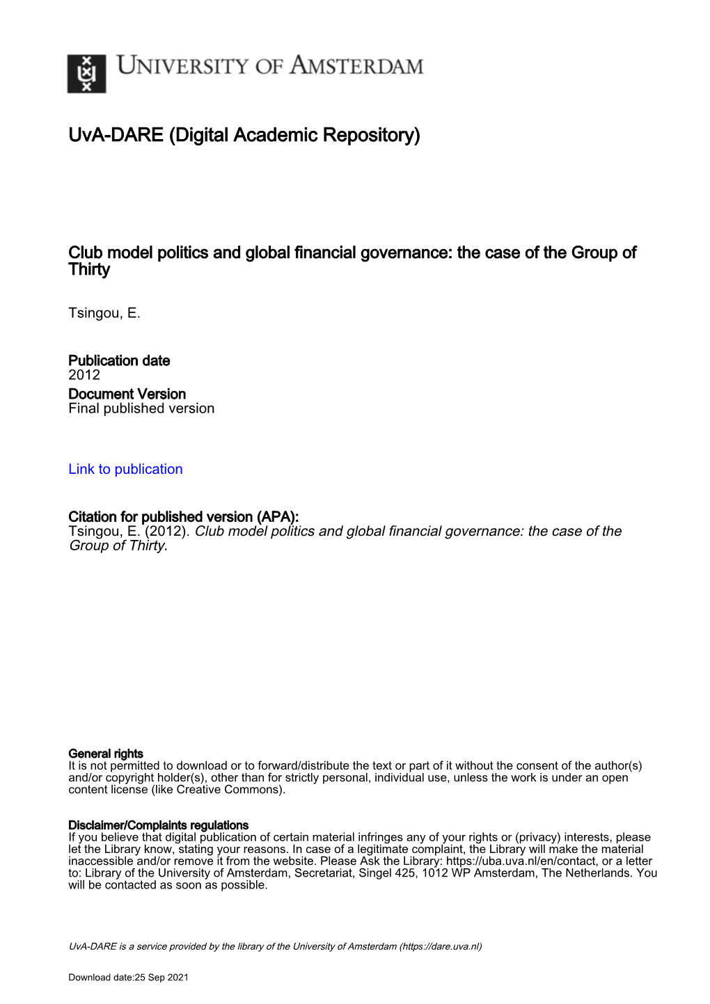 Club Model Politics and Global Financial Governance: the Case of the Group of Thirty