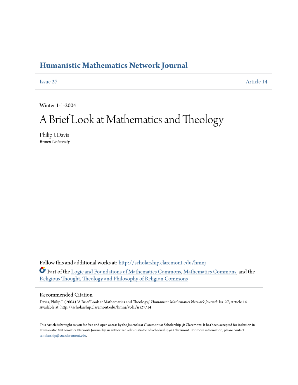 A Brief Look at Mathematics and Theology Philip J