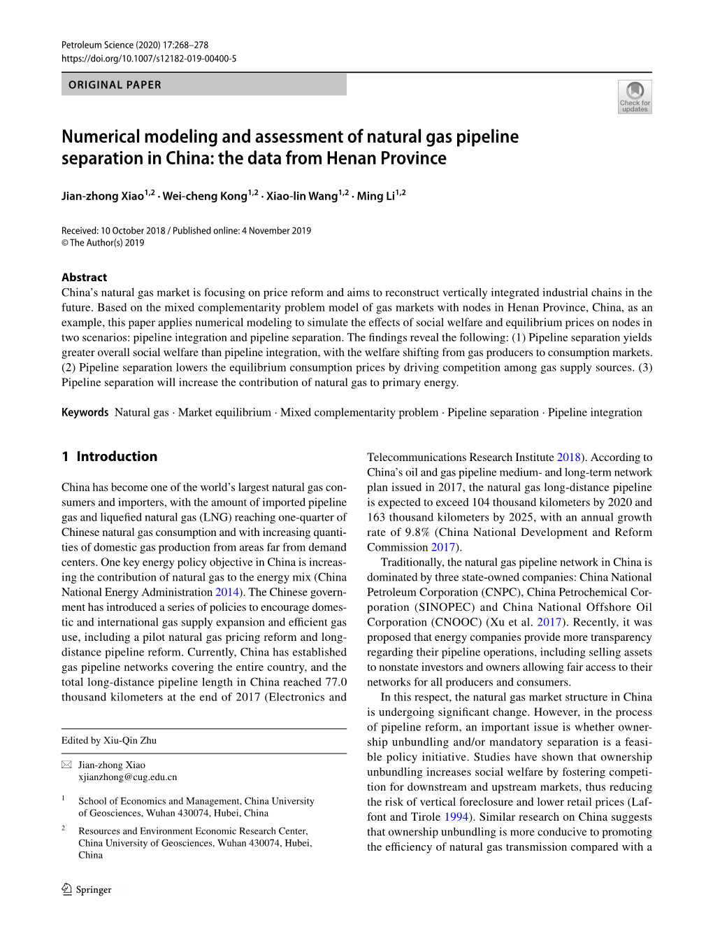 Numerical Modeling and Assessment of Natural Gas Pipeline Separation in China: the Data from Henan Province