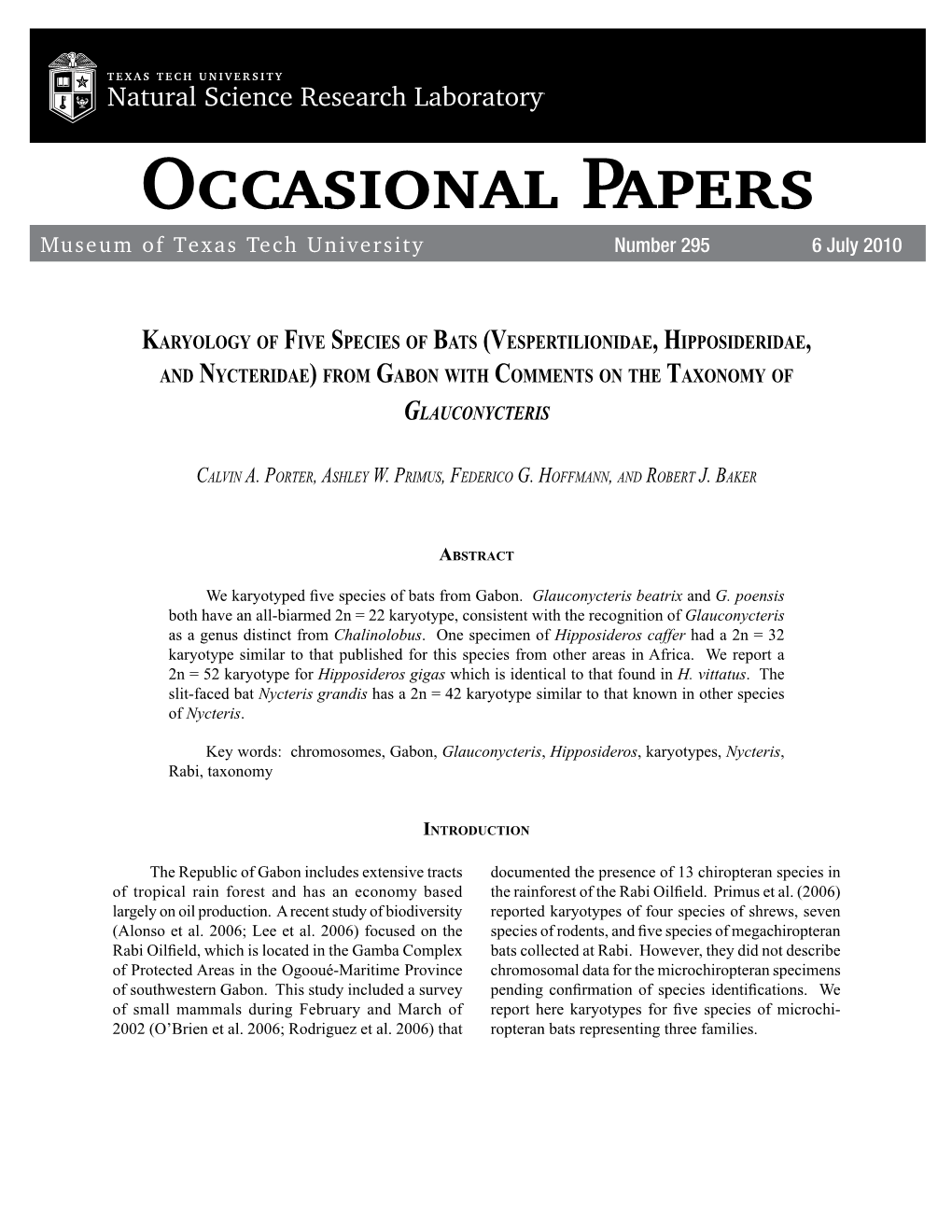 Occasional Papers Museum of Texas Tech University Number 295 6 July 2010