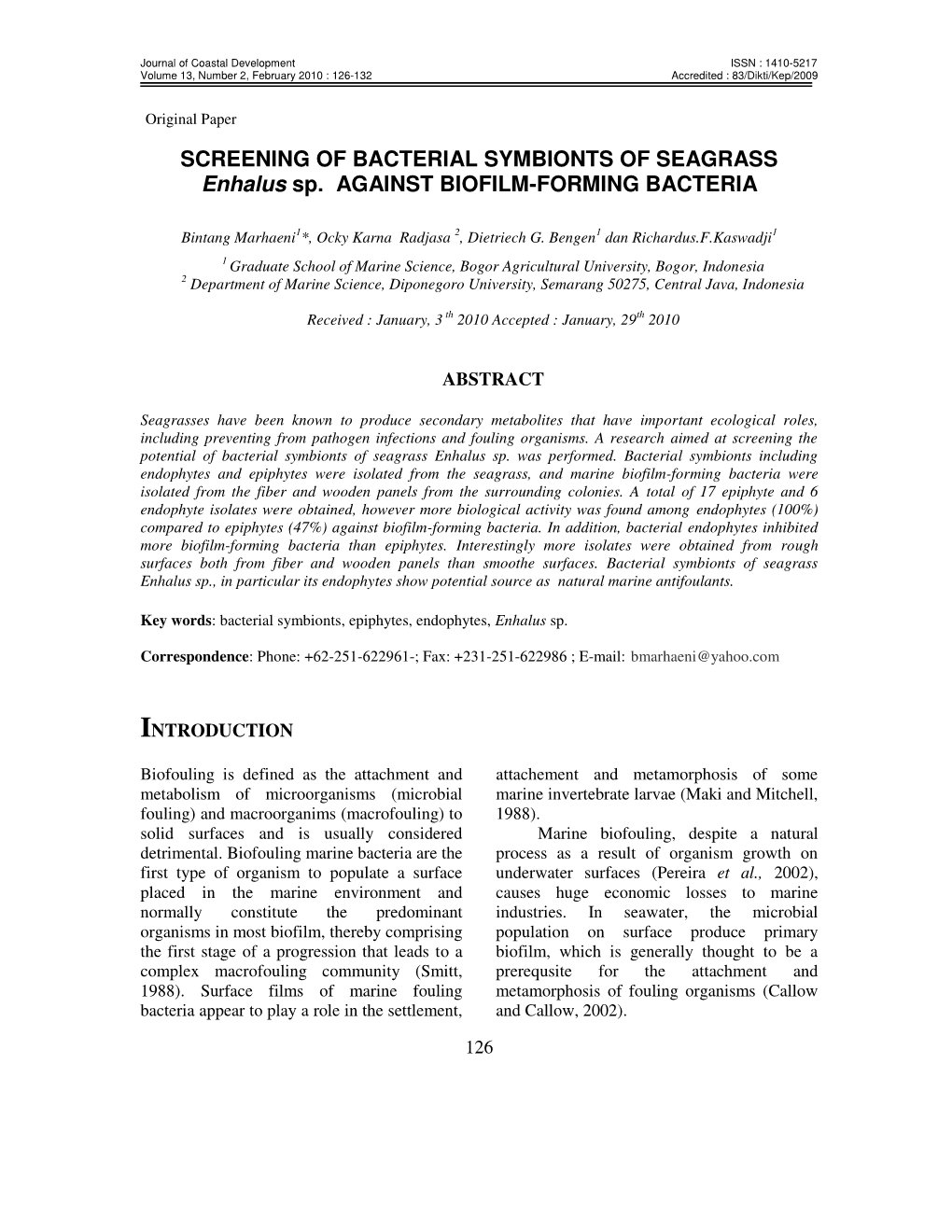 SCREENING of BACTERIAL SYMBIONTS of SEAGRASS Enhalus Sp