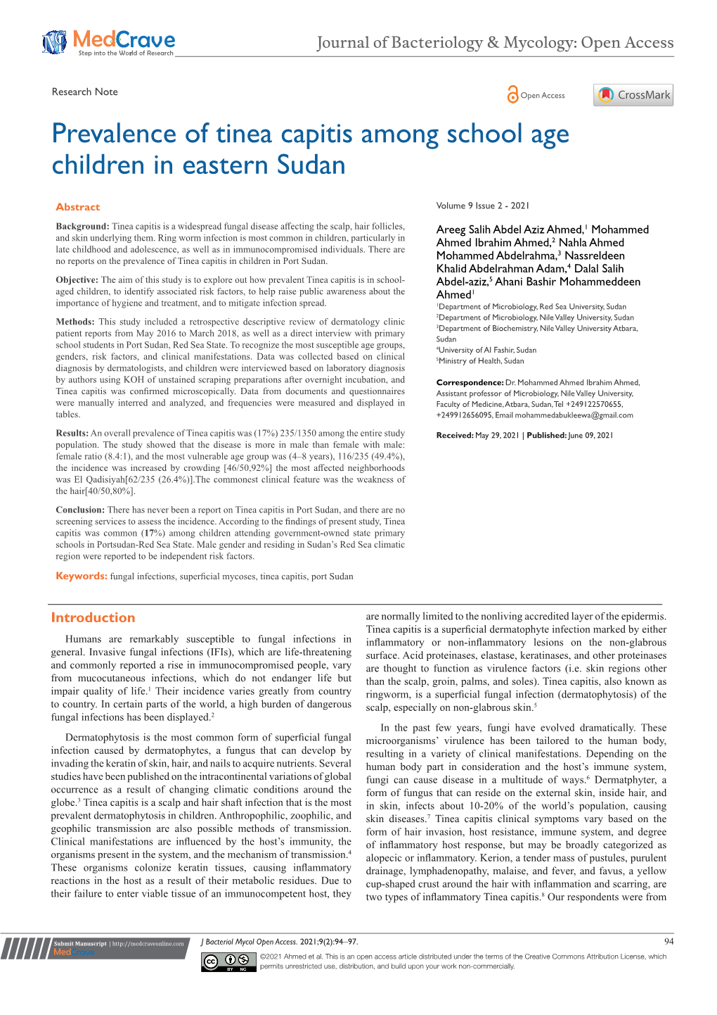 Prevalence of Tinea Capitis Among School Age Children in Eastern Sudan