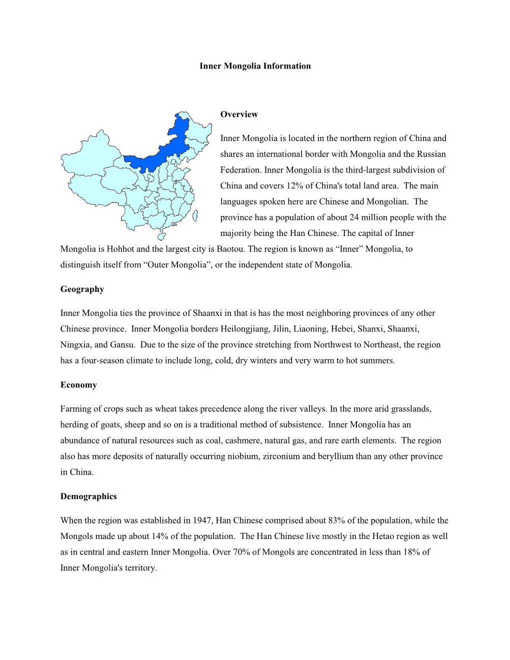 Inner Mongolia Information Overview Inner Mongolia Is Located in The