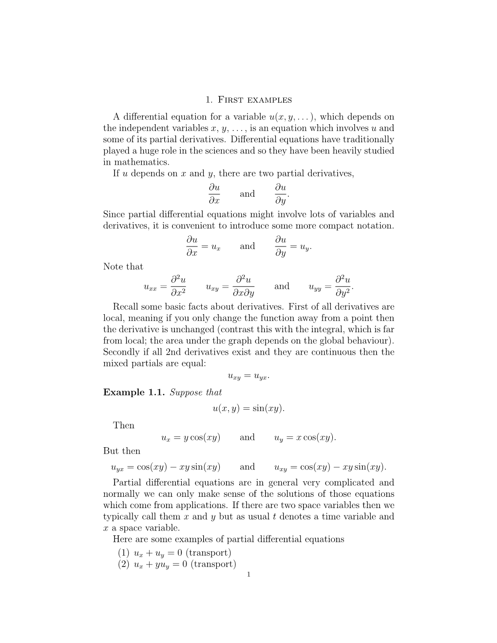 1. First Examples a Differential Equation for a Variable U(X, Y, . . .)