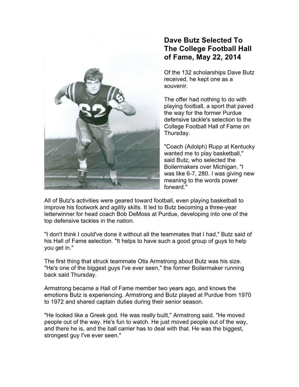 Dave Butz Selected to the College Football Hall of Fame, May 22, 2014