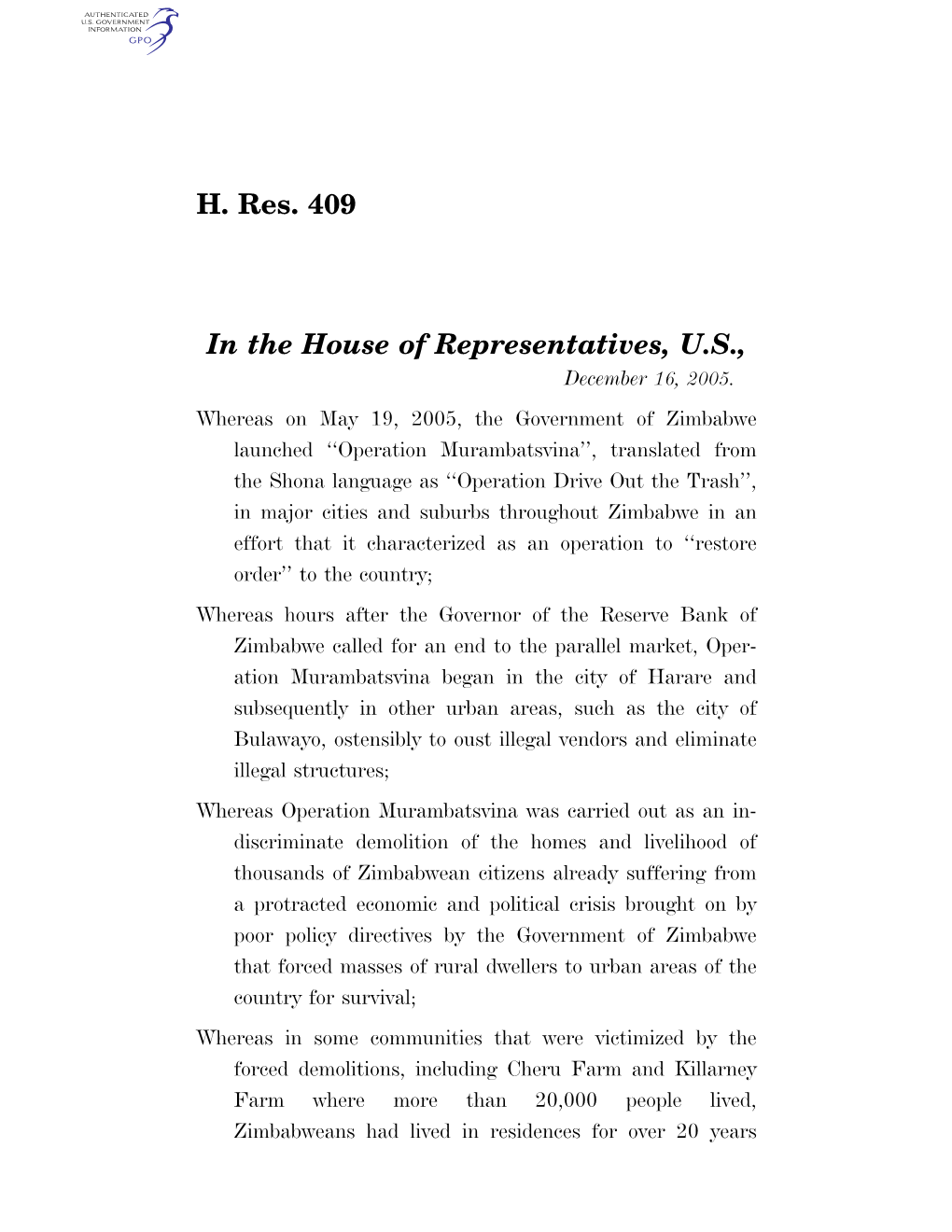 H. Res. 409 in the House of Representatives, U.S