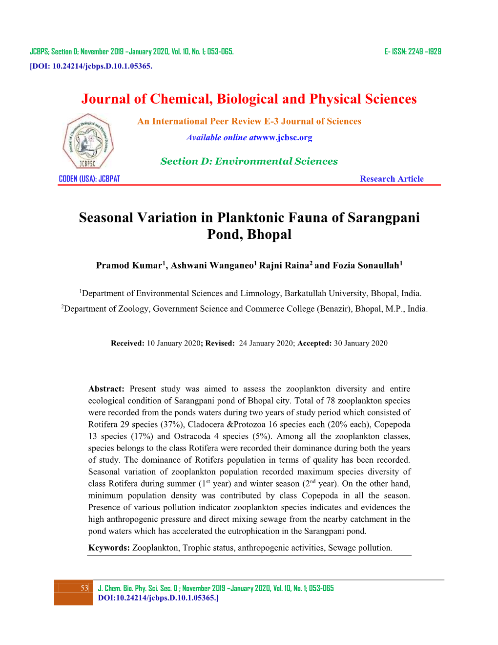 Journal of Chemical, Biological and Physical Sciences Seasonal