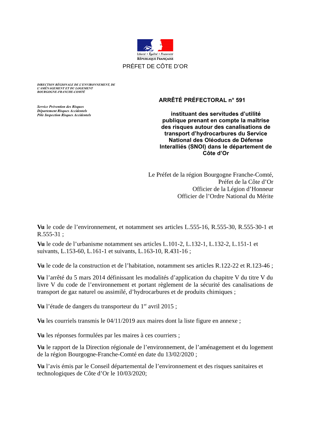 Arrêté Préfectoral N° 591 Du 11 Juin 2020 Instituant Des Servitudes D