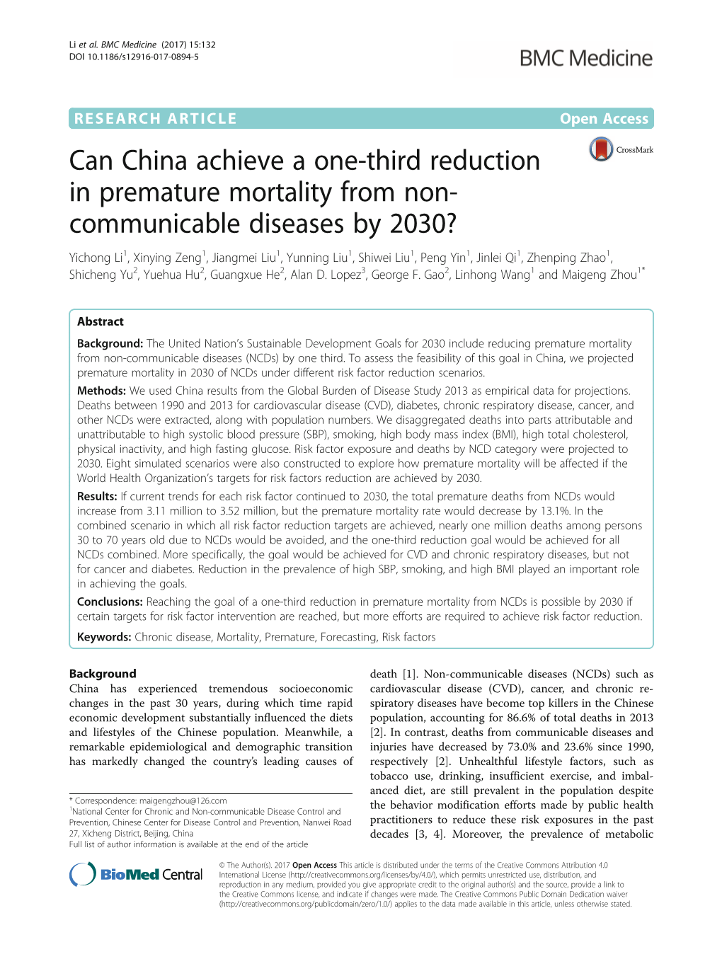 Can China Achieve a One-Third Reduction in Premature Mortality