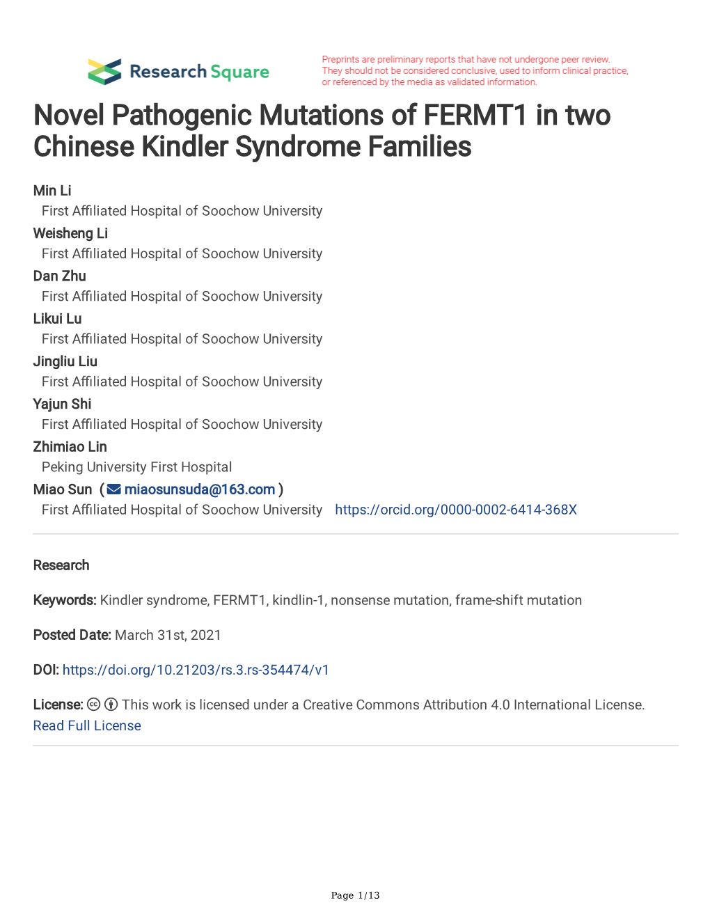 Novel Pathogenic Mutations of FERMT1 in Two Chinese Kindler Syndrome Families