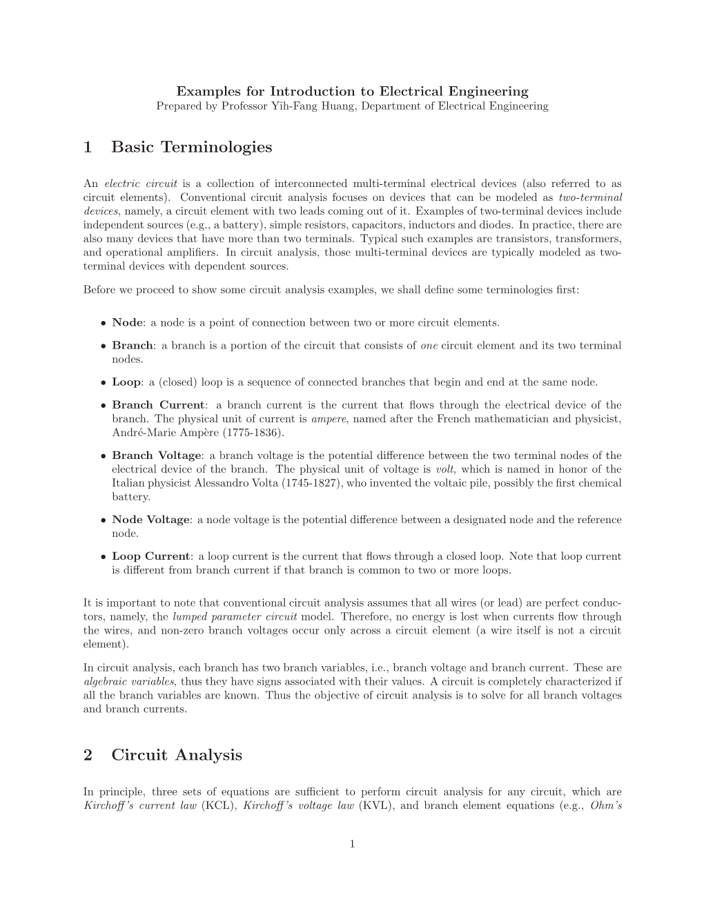 1 Basic Terminologies 2 Circuit Analysis