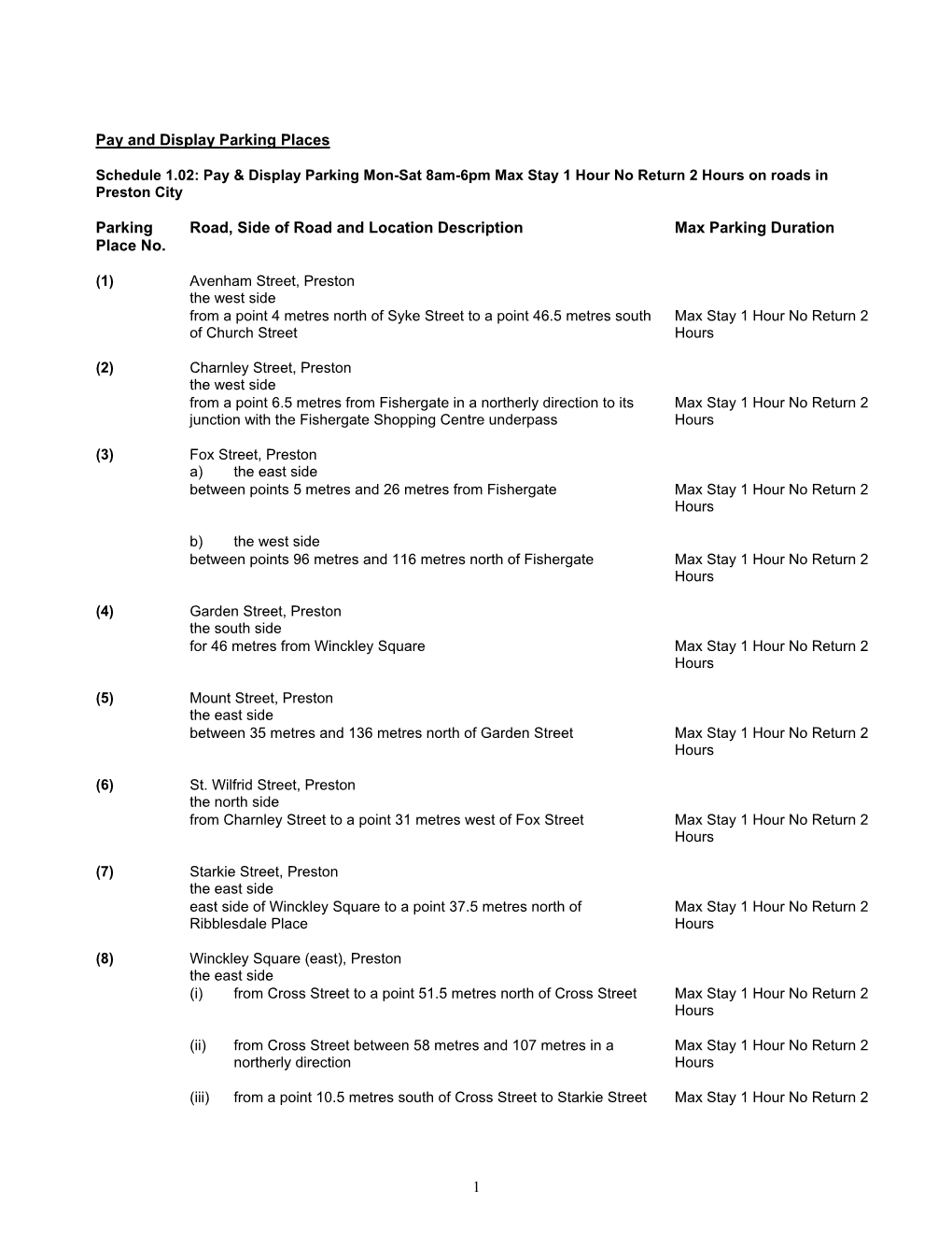 Schedule 1.02: Pay & Display Parking Mon-Sat 8Am-6Pm Max Stay 1 Hour