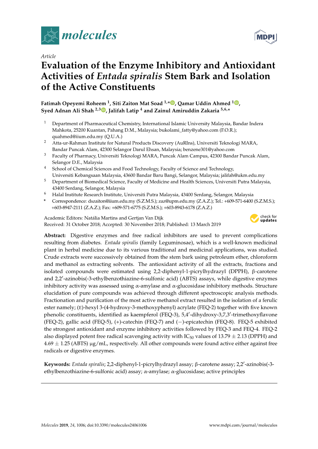 Evaluation of the Enzyme Inhibitory and Antioxidant Activities of Entada Spiralis Stem Bark and Isolation of the Active Constituents