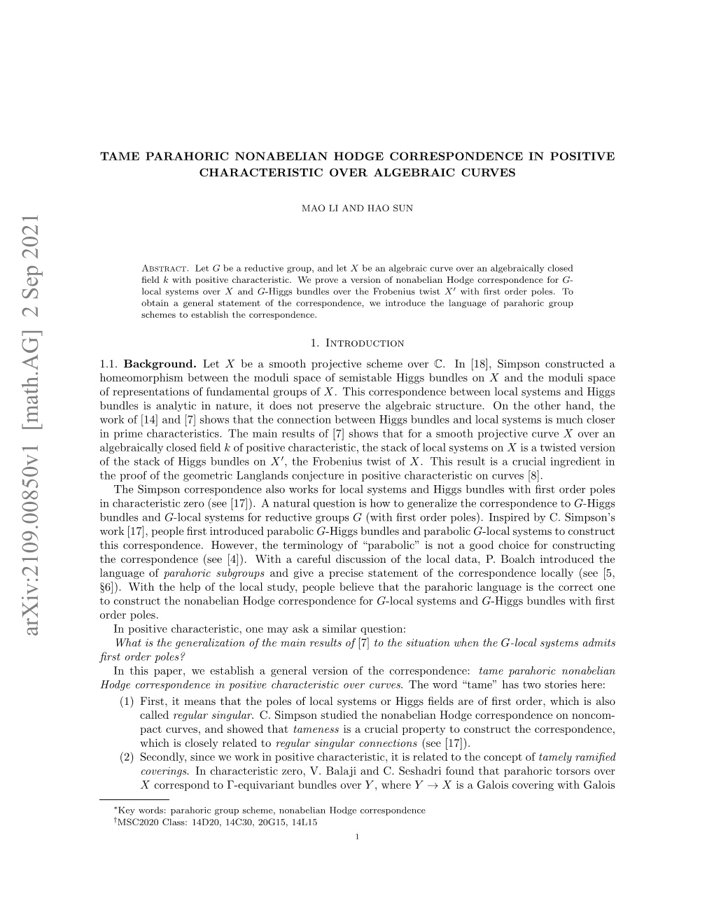 Arxiv:2109.00850V1 [Math.AG] 2 Sep 2021 § Ncaatrsi Eo(E 1].Antrlqeto Shwt Gener to How Is Question Natural a and Bundles [17])