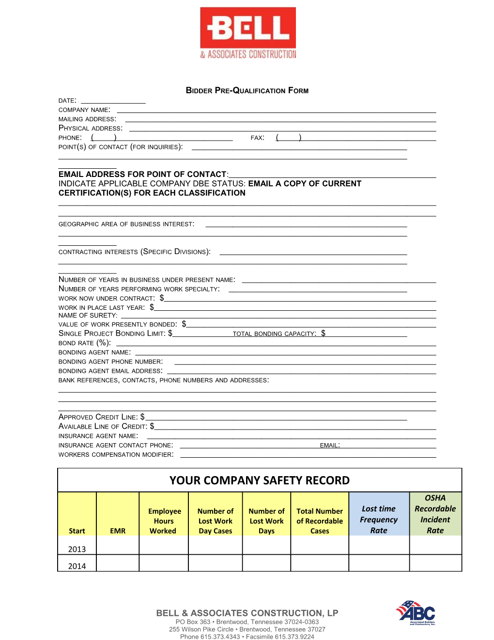 Bidder Pre-Qualification Form