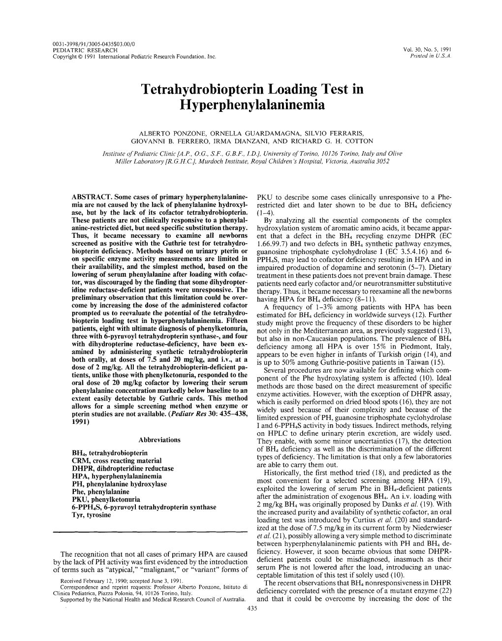 Tetrahydrobiopterin Loading Test in Hyperphenylalaninemia