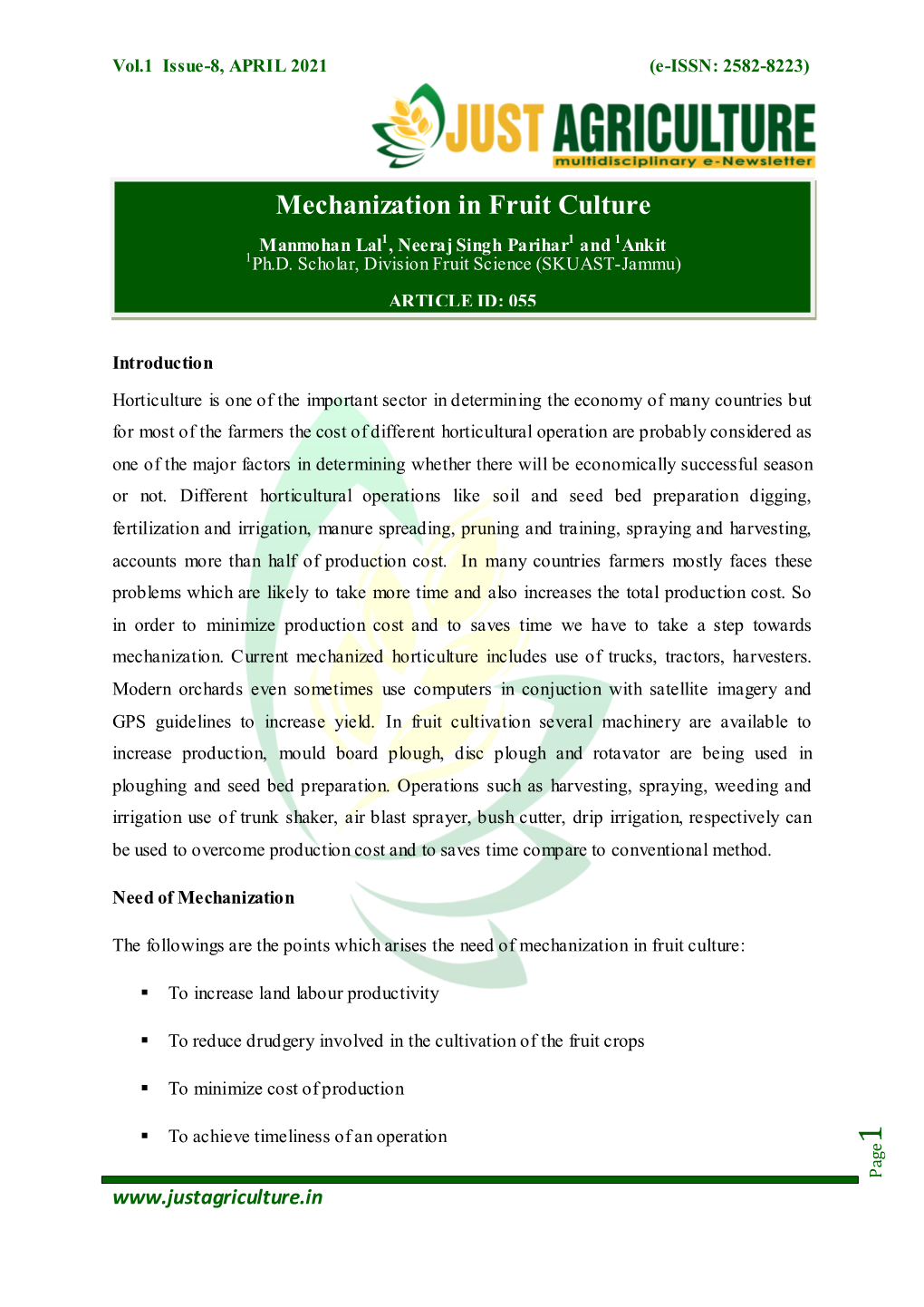 Mechanization in Fruit Culture 1 1 1 Manmohan Lal , Neeraj Singh Parihar and Ankit 1Ph.D