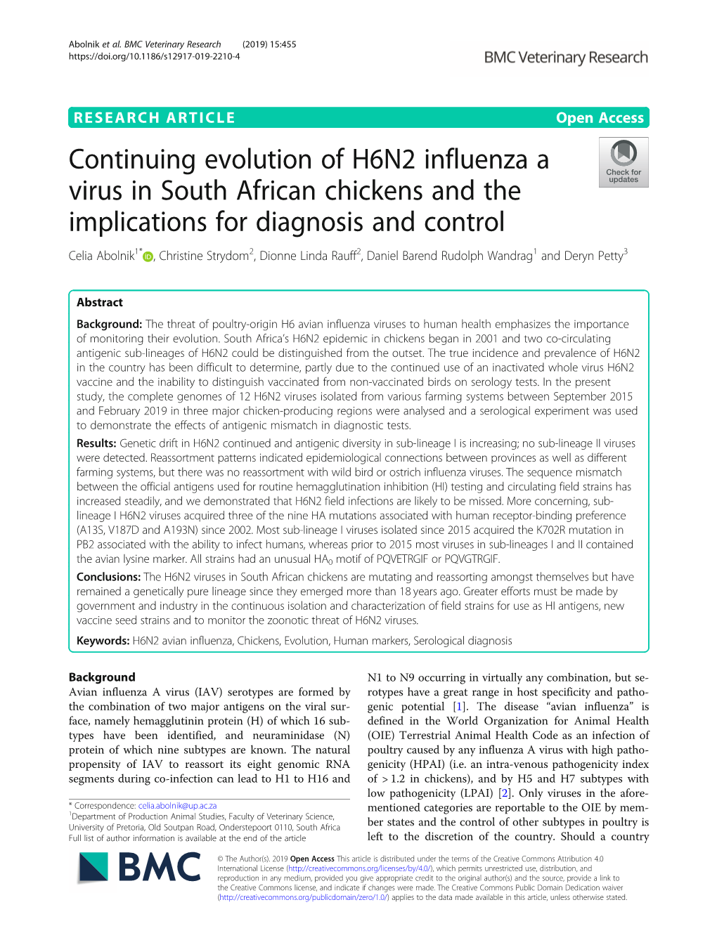 Continuing Evolution of H6N2 Influenza a Virus in South African