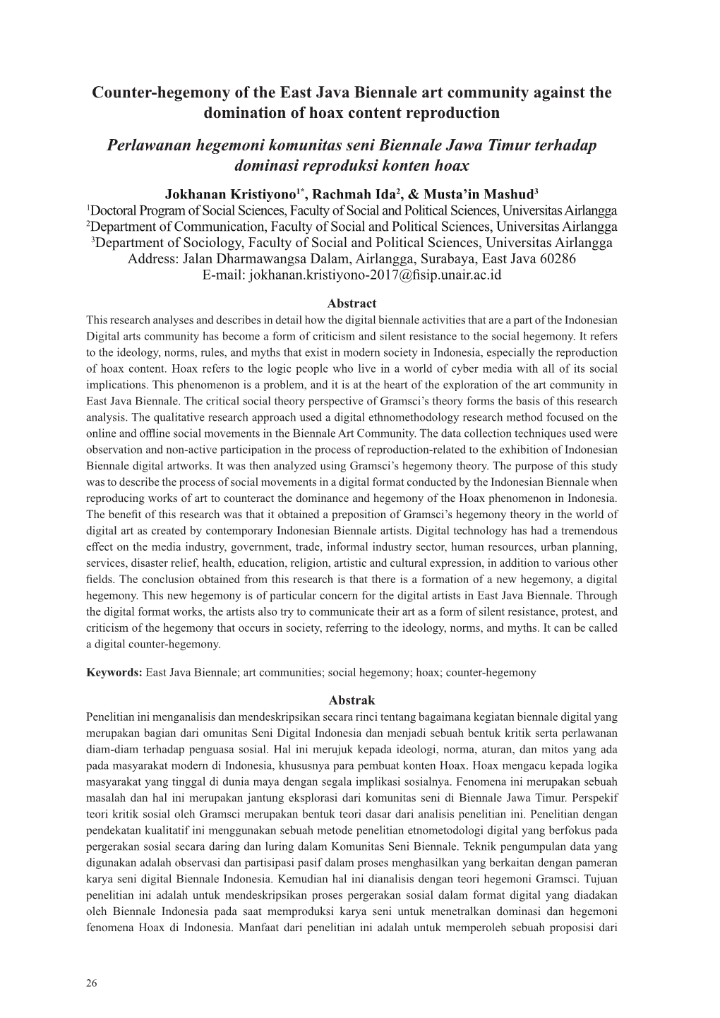 Counter-Hegemony of the East Java Biennale Art Community Against the Domination of Hoax Content Reproduction Perlawanan Hegemoni