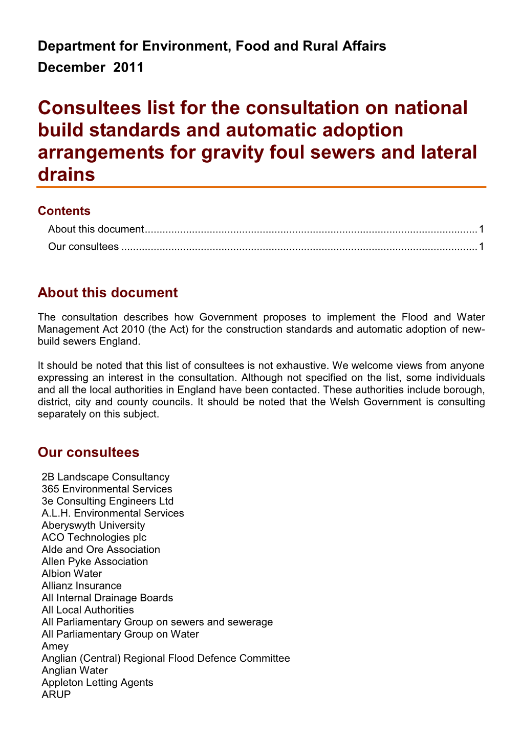 Consultees for the Implementation of the Sustainable Drainage