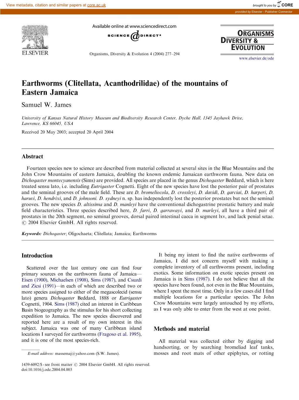 Earthworms (Clitellata, Acanthodrilidae) of the Mountains of Eastern Jamaica Samuel W