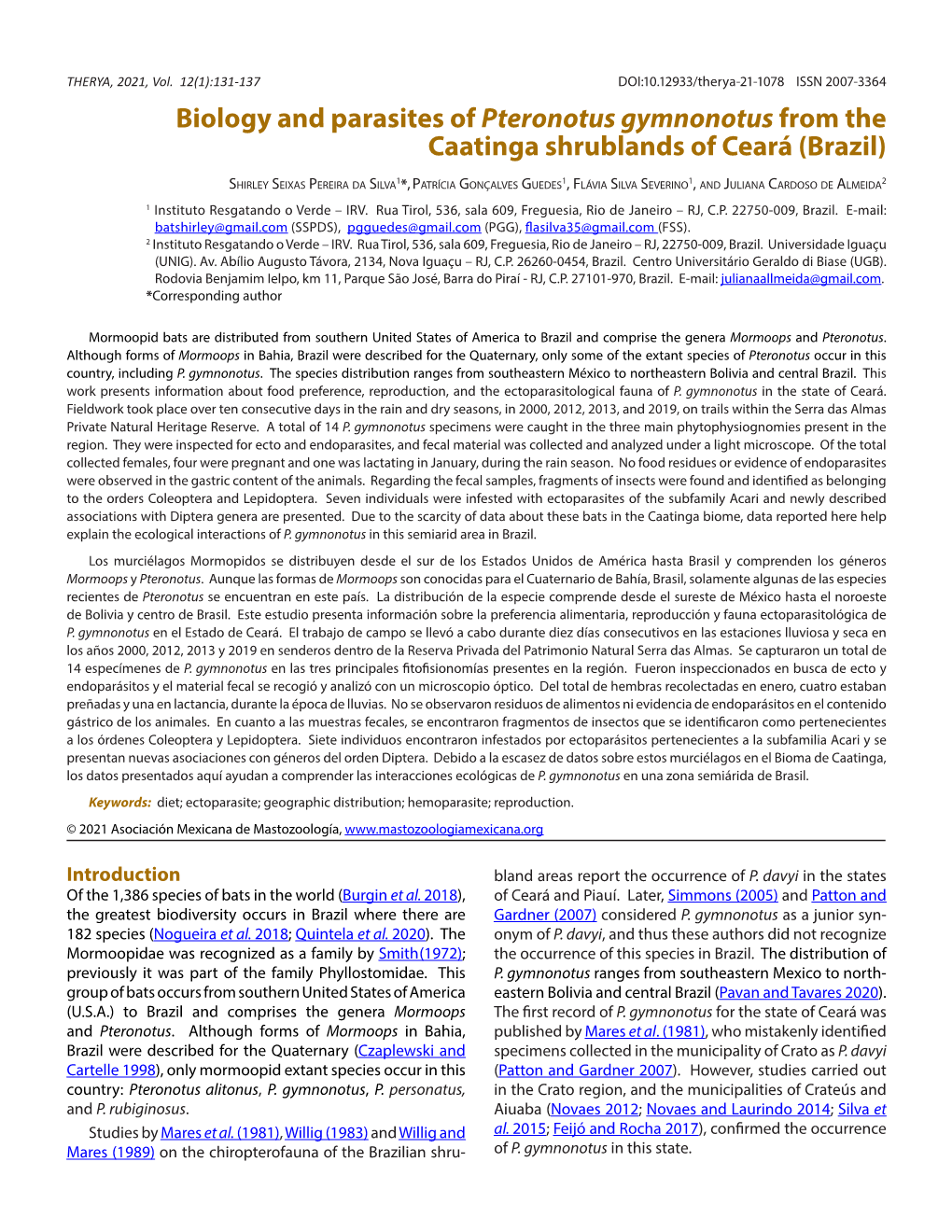 Biology and Parasites of Pteronotus Gymnonotus from the Caatinga Shrublands of Ceará (Brazil)